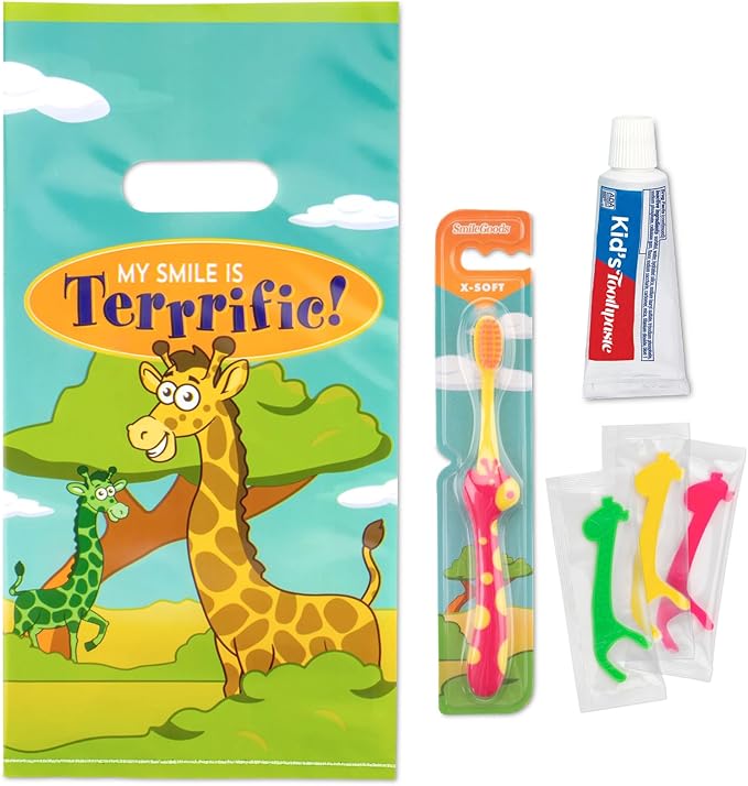 Practicon SmileGoods Dental Hygiene Kit, Makes 72 Dental Care Giveaways with Toothbrush, Toothpaste, Flossers and Bag (Giraffe)