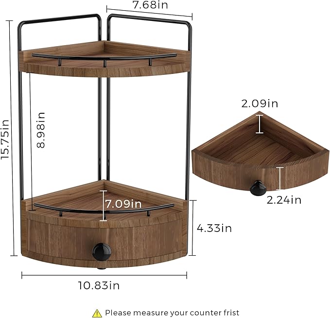 2-Tier Corner Bathroom Counter Organizer with Drawer & Embedded Screw Holes - Wooden Countertop Organizers for Skincare, Makeup Storage, Bathroom Sink Counter Shelf for Vanity, Dark Brown