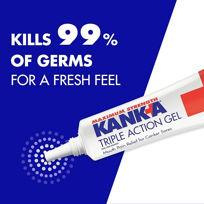 Kank-A Triple Action Gel, 0.42 oz, Maximum Strength Mouth Pain Relief Gel for Canker Sores, Triple Action Treatment, Fast Acting and Long-Lasting Pain Relief, Cools and Soothes Irritation, 0.42 oz