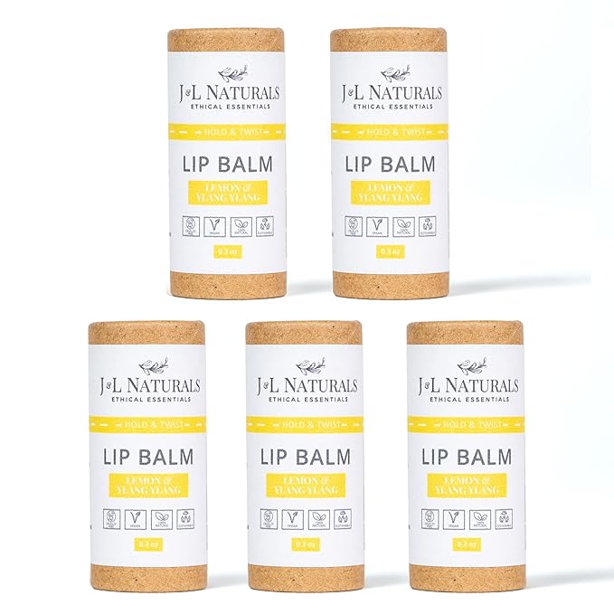 J&L Naturals Sustainable Lip Balm | Organic Ingredients, 100% Natural, Eco-Friendly | Cruelty Free, Vegan, Paraben Free, Silicone Free (Lemon & Ylang Ylang, 5-Piece Bundle)