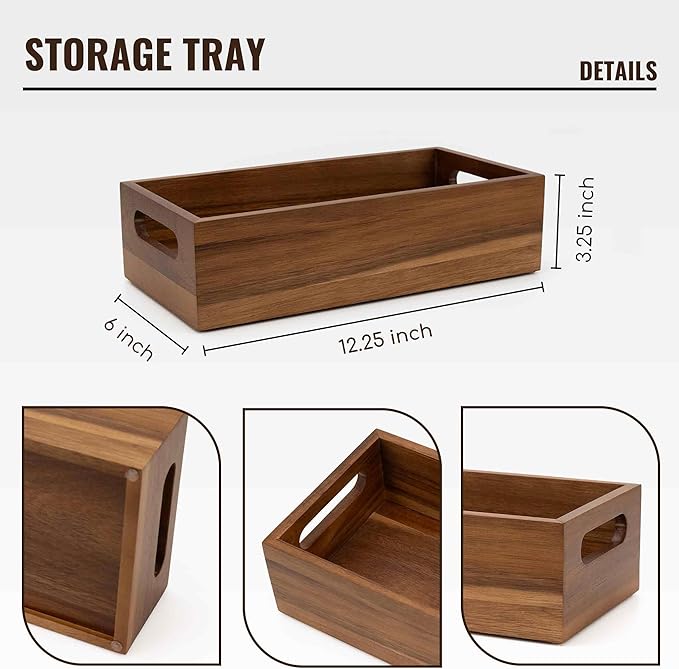 Natural Acacia Hardwood Bathroom Tray with Handles for Organizing Toiletries and Accessories - 12.25L x 6W in on Countertop, Shelf, or Tank Top Storage