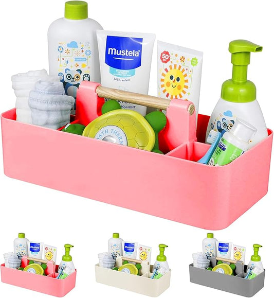 Baby Shower Caddy Plastic Nursery Portable Storage Organizer Caddy Tote for Child/Kids, Divided Basket Bin with Wood Handle for Bathroom, Dorm Room, Holds Hand Soap, Bottles, Spoons (Pink)