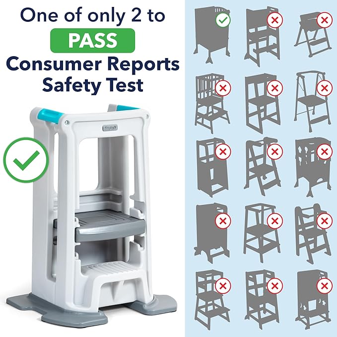 Simplay3 Toddler Tower Montessori Standing Kitchen Step Stool with Sturdy Stabilizing Base and Adjustable Platform, 20.5" D x 26" W x 34.5" H, Ages 18 Months to 5 Years, White