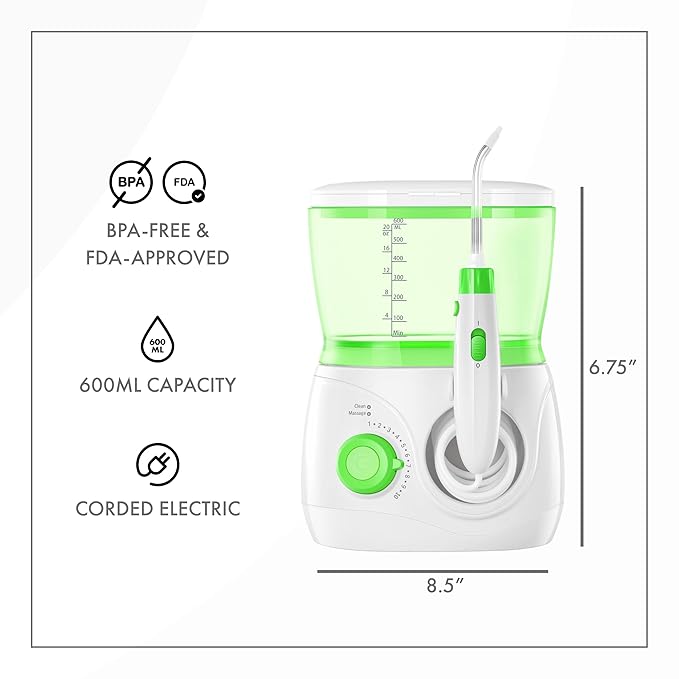 ToiletTree Products Children's Countertop Water Flosser - Dental Oral Irrigator for Kids - BPA-Free Dental Water Flosser with 600mL Capacity and Adjustable Water Pressure - Green