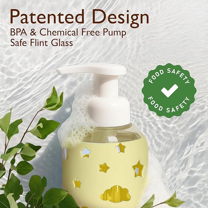 SoCal Suds & Company Glass Foaming Hand Soap Dispenser, Soft Grip Silicone Sleeve, Refillable Pump Bottle for Kids, Baby Wash & Shampoo, Ideal for Home Use, Light Yellow 8oz