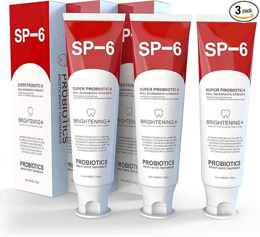 SP-6 Probiotic Whitening Toothpaste - Enhanced Formula with 6 Probiotics for Teeth Whitening and Gum Health - Enamel-Safe, Fluoride-Free, Fresh Mint Flavor, 4.9Oz (3)