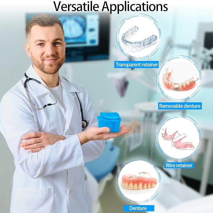 2 Pack Denture Cup Denture Bath Holder Case with Strainer Basket, Dental Retainer Cleaner Case False Teeth Container Denture Bath Soaking Cup with 2 Brushes - Purple and Blue