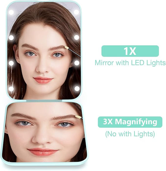 WOBSION Small Mirror with Lights,LED Compact Makeup Mirror,1x/3x Mini Travel Mirror with Magnification,Portable for Purse,Pocket,Gifts for Girls,Cyan