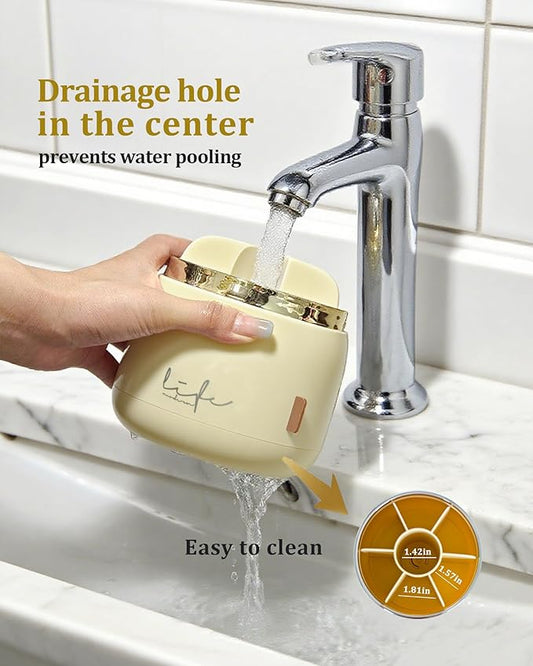 bubooo 360° Rotating Toothbrush Holder for Bathroom - Non-Slip Space-Saving 7-Slot with Cover & Drainage, Electric Toothbrushes/Toothpaste/Razor Organizer for Counter Vanity (beige)