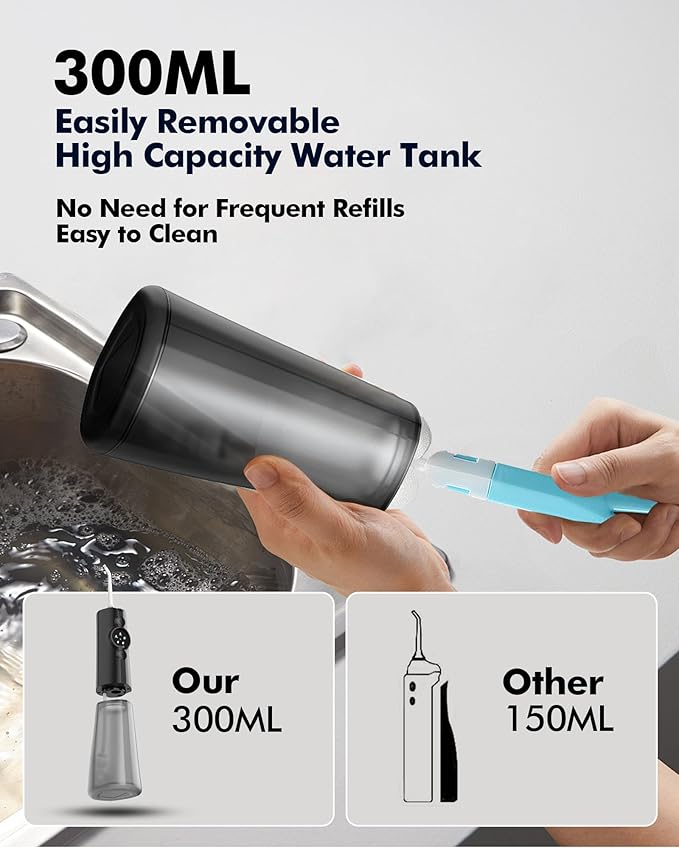 Water Flosser Teeth Pick: 300ML & LED Display 5 Modes Rechargeable Dental Flossers for Braces,Sensitive Gums, Portable Flossing for Teeth Cleaning, IPX7 Waterproof Cordless for Home Travel Use
