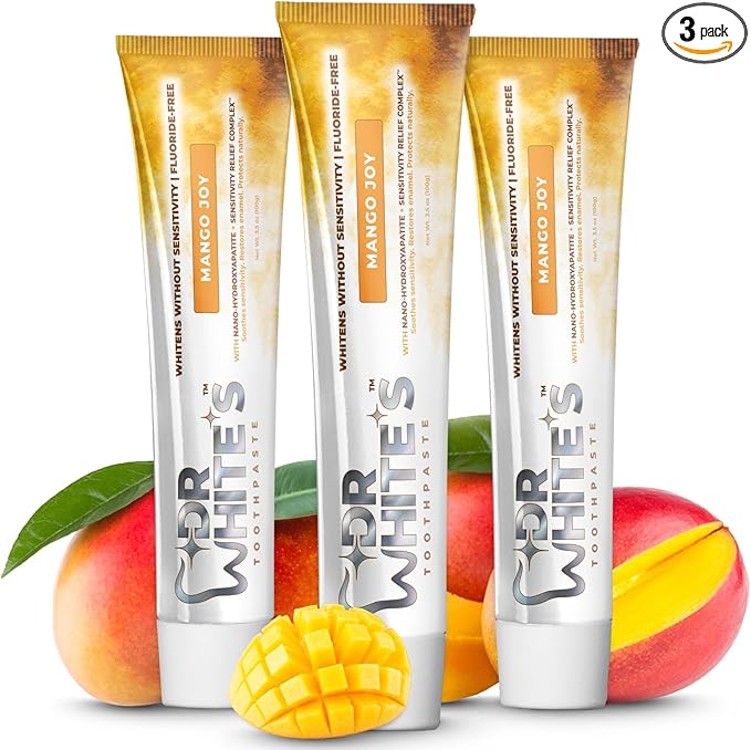 Dr. White’s Fluoride-Free nHA Toothpaste 3-Pack; Dentist-Formulated, Nano Hydroxyapatite + Xylitol, Sensitivity Relief Complex™, Mint-Free, Enamel Safe, Swallow-Safe (3.5 Oz, Mango Joy)