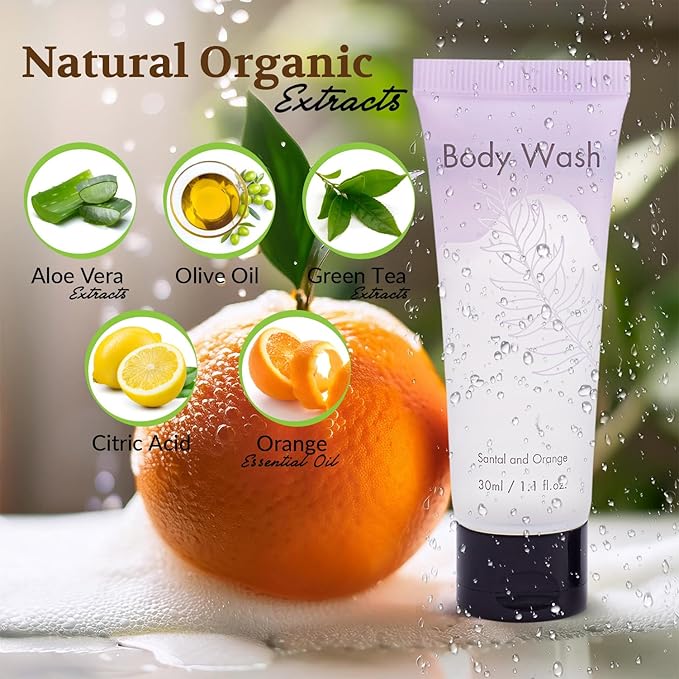 Leak-Proof Travel Size Body Wash 1 Oz Each Pack of 200 Bulk Pack Santal and Orange Scent Hotel Body Wash Amenities and Toilteries for Hospitality