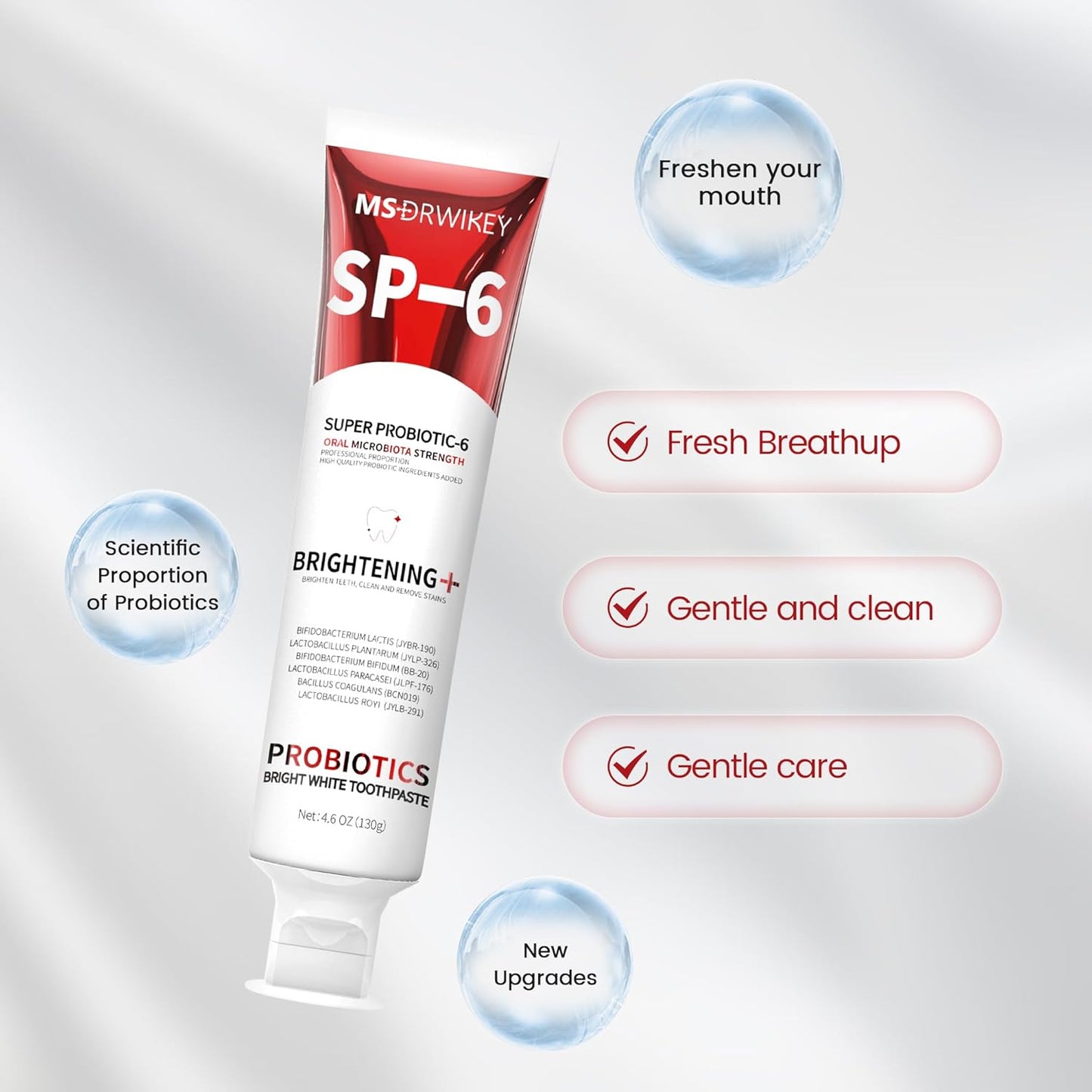 SP-6 Probiotic Whitening Toothpaste - Enhanced Formula with 6 Probiotics and Gum Health - Enamel-Safe, Fluoride-Free, Fresh Mint Flavor, 4.6oz (1)