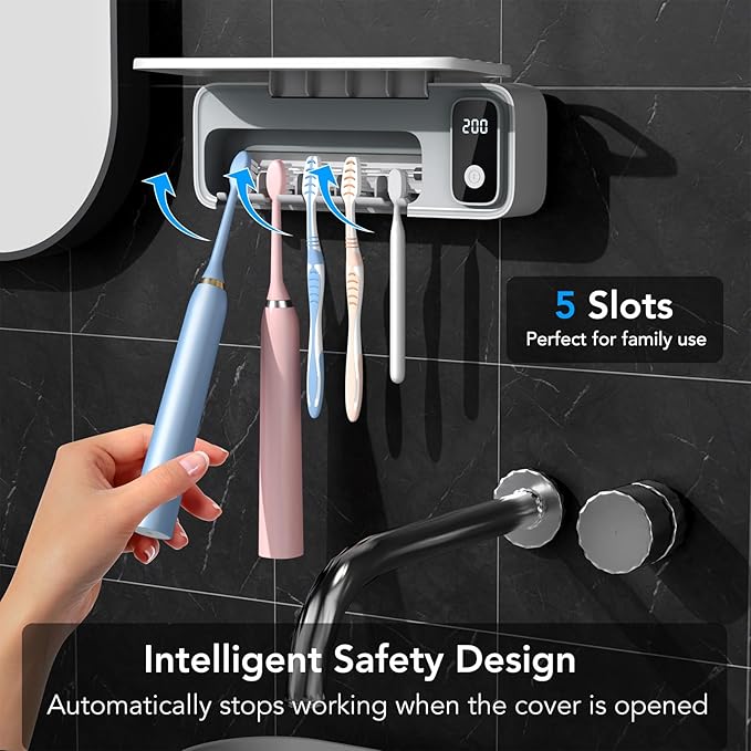 StarWin Toothbrush Cleaner, 5 Slots Wall Mounted Toothbrush Holder for Bathroom, Timer Function, Cordless & No Drilling