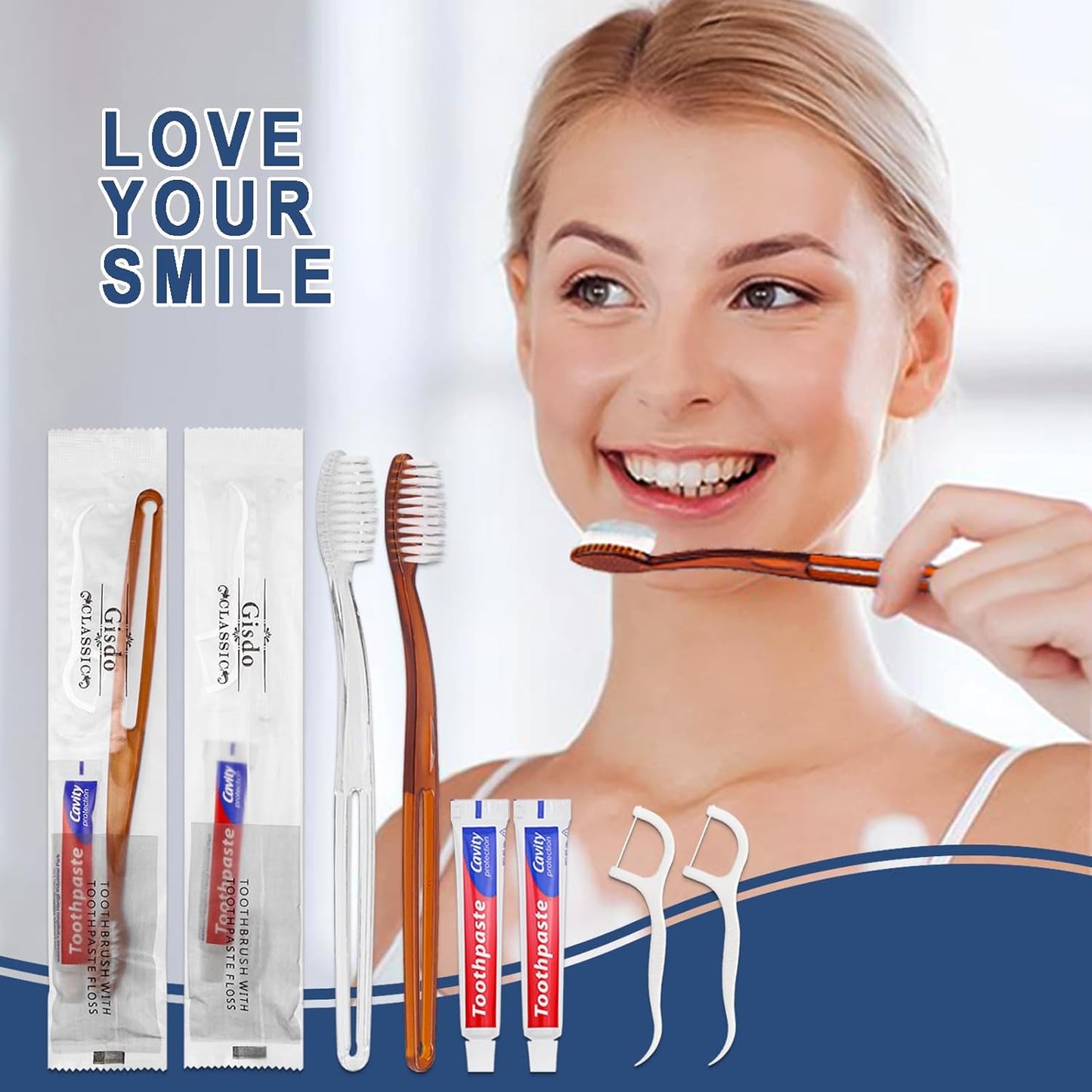 30pcs Disposable Toothbrushes with Toothpaste Floss Individually Wrapped, 2 Color Disposable Toothbrush Bulk, 10g Toothpaste, Dental Floss Pick for Homeless,Airbnb,Hotel,Guest