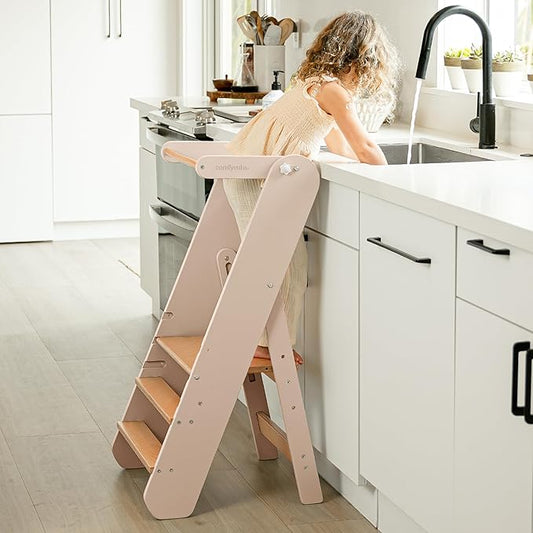 Comfy Cubs Kids Step Stool for Ages 3+, 3 Height Adjustable Toddler Tower, Montessori Furniture Designed in The US - Toddler Standing Tower for Kitchen Sink & Bathroom Access - Blush