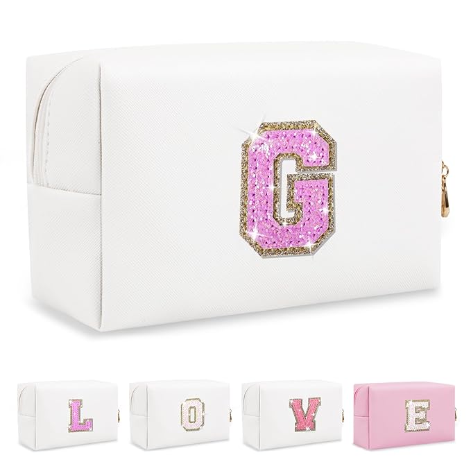 Small Initial Patch Makeup Bag Personalized Gifts Make Up Bag,White Cute PU Leather Glitter Letter Cosmetic Bag with Zipper,Trendy Portable Travel Toiletry Pouch,Preppy Stuff for Teen Girls Women G