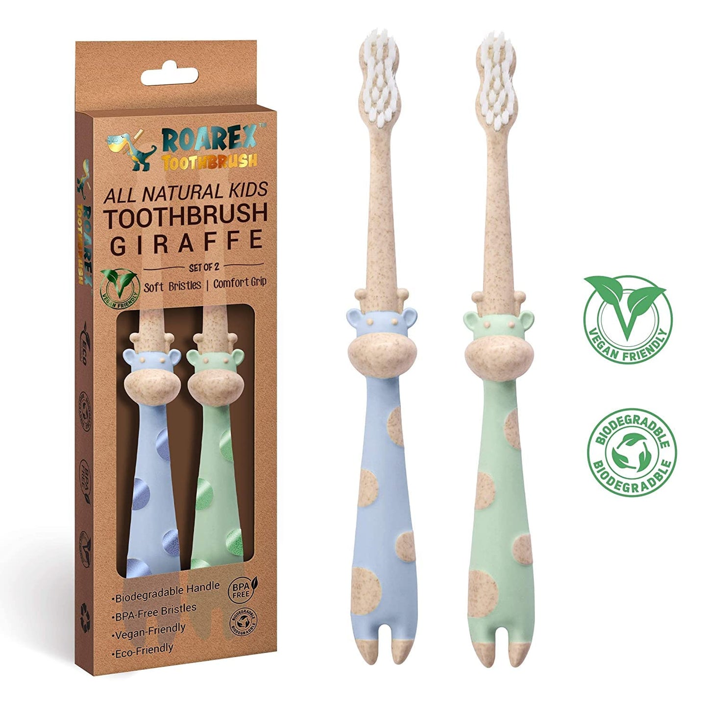 ROARex Vegan Eco Friendly All Natural Kids Toothbrush Made from Plants – Sweet Baby Giraffe | 100% Biodegradable and Compostable | 1% for The Planet Product