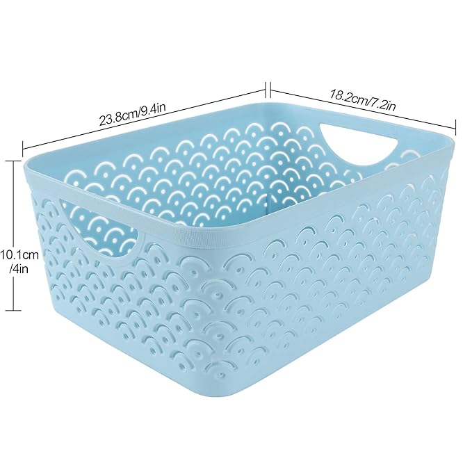 STARVAST 5 Pack Plastic Storage Baskets, Portable Blue Fish Scale Pattern Hollow Desktop Storage Bin Box with Handle for Kitchen, Bathroom, Kids Room or Nursery Storage – 9.4 x 7.1 x 4.1 inches