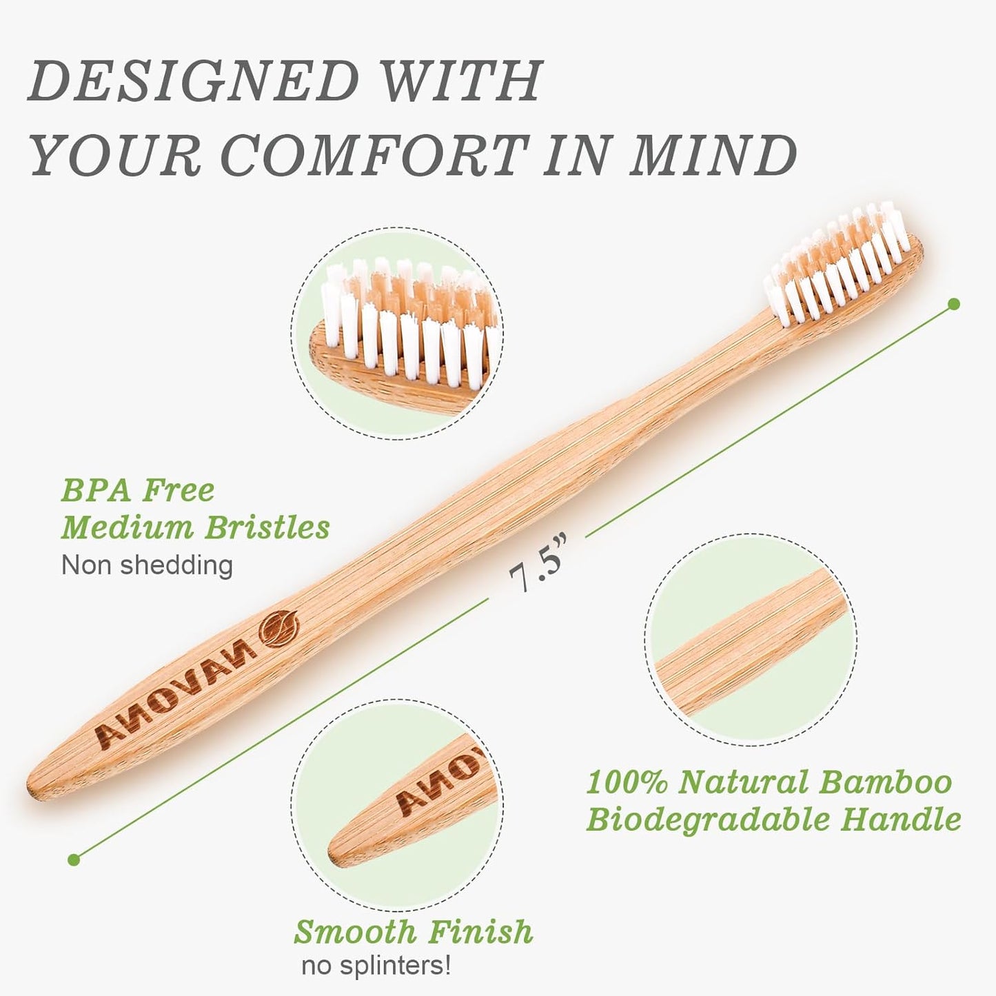Navona 30 PCS Bamboo Toothbrushes Pack, BPA Free Medium Soft Bristles Toothbrushes for Adults, Eco-Friendly Natural Wooden Toothbrush Bulk, Box of Two Reusable Travel Toothbrush