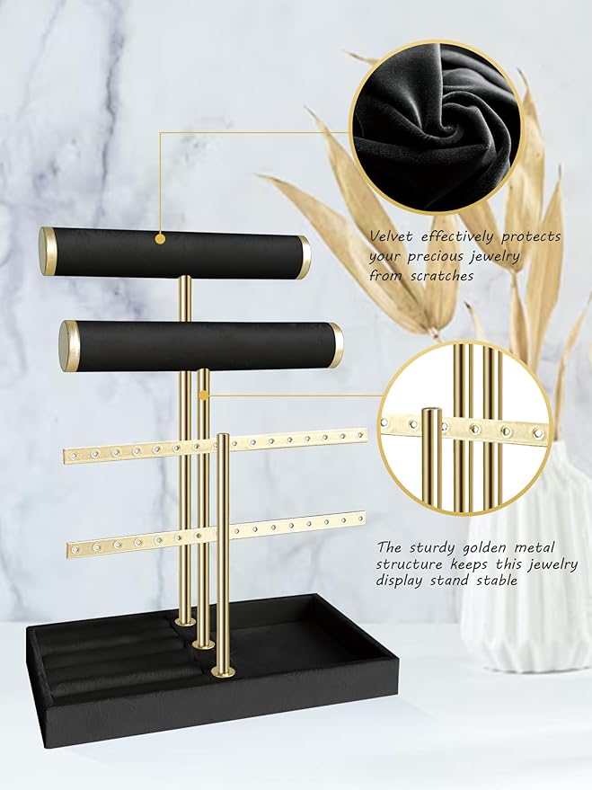 3 Tier Jewelry Organizer Stand with Detachable Ring Tray, Multi-functional necklace Holder for Bracelet, Earring, Elegant Closet Decor Gift for Women (Black)