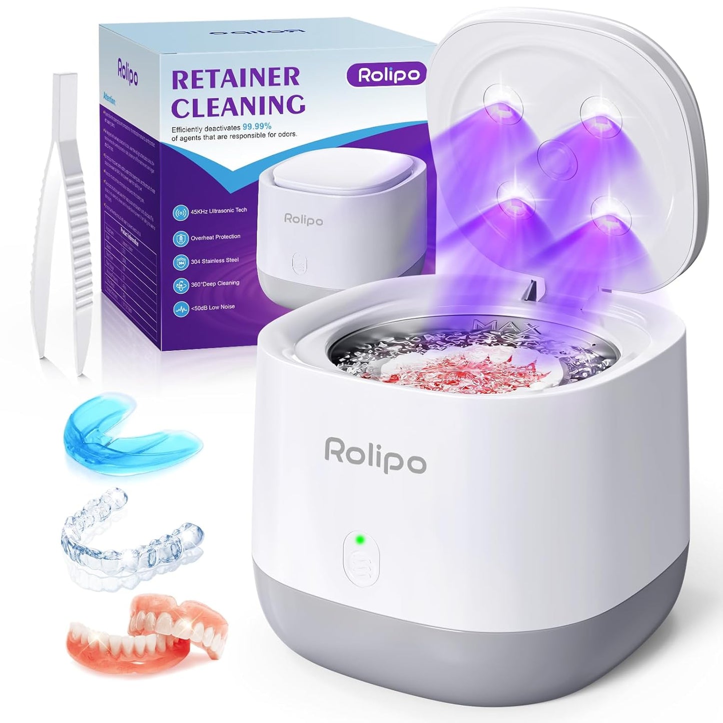 Ultrasonic Retainer Cleaner 320ML, 45kHz Denture Cleaner with 4 Lamps, Dental Cleaning Pod for Mouth Guard, Aligner, Braces, Toothbrush Head, Jewelry