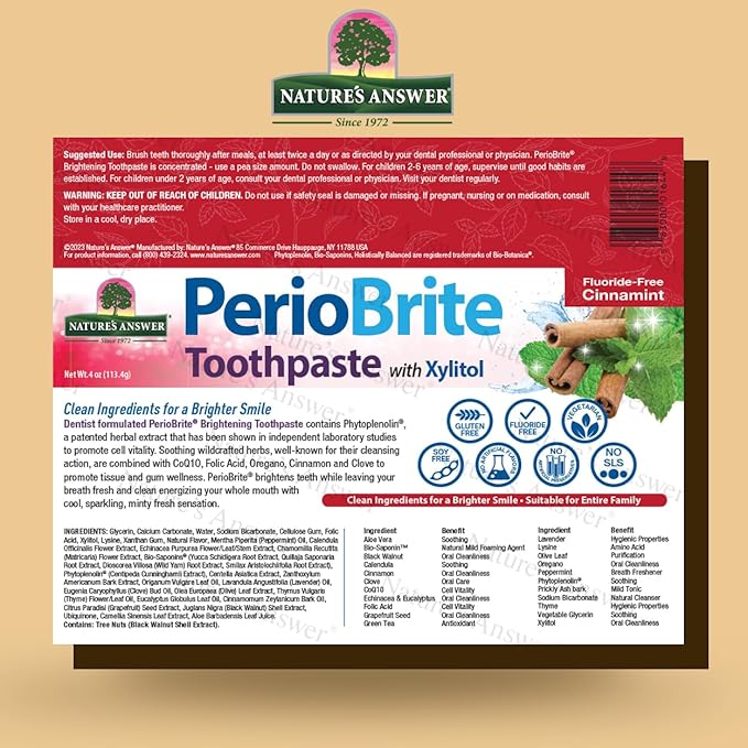 Nature's Answer Periobrite Cinnamint Toothpaste | Soothes & Refreshes | Alcohol-Free, Gluten-Free, Fluoride-Free Soy-Free & Vegetarian | No Artificial Sweeteners or Preservatives 4oz (2 Pack)