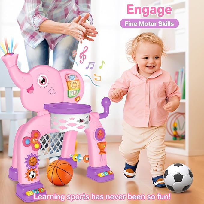 Shemira Toddler Basketball Hoop & Soccer Goal Activity Center Toys with Light & Music,Elephant Toddlers Musical Toys Gift, Baby & Toddlers Christmas Birthday Gift for 1 2 3 Year Old Boys & Girls