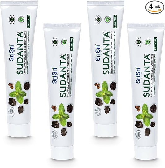 Sri Sri Tattva Sudanta Charcoal Toothpaste Gel – SLS, Fluoride Free Herbal Toothpaste with Neem & Ayurvedic Herbs – Natural Teeth Whitening, Fresh Breath, Oral & Gum Health – 100g Tube (Pack of 4)