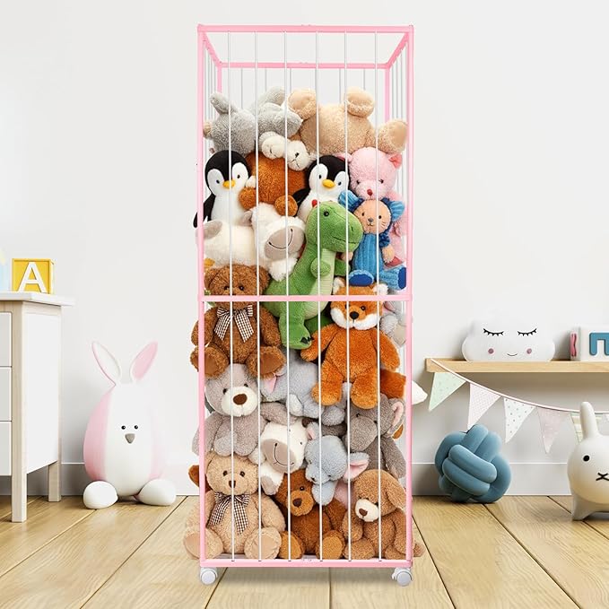 Stuffed Animal Storage, Metal Tube Extra Large Toy Storage Organizer with Brake Wheels, Stuffed Animal Holder Zoo Organizer for Nursery Playroom Kids Room Pink(61” x 23.6”x 16.5”)
