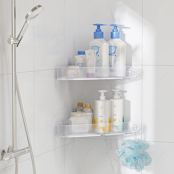 Sotfamily Shower Caddy Corner, 2 Pack Adhesive Corner Shower Shelves for Bathroom Organizers and Storage, Rust Free Plastic Rack for Bathroom Accessories & Decor, Crystal