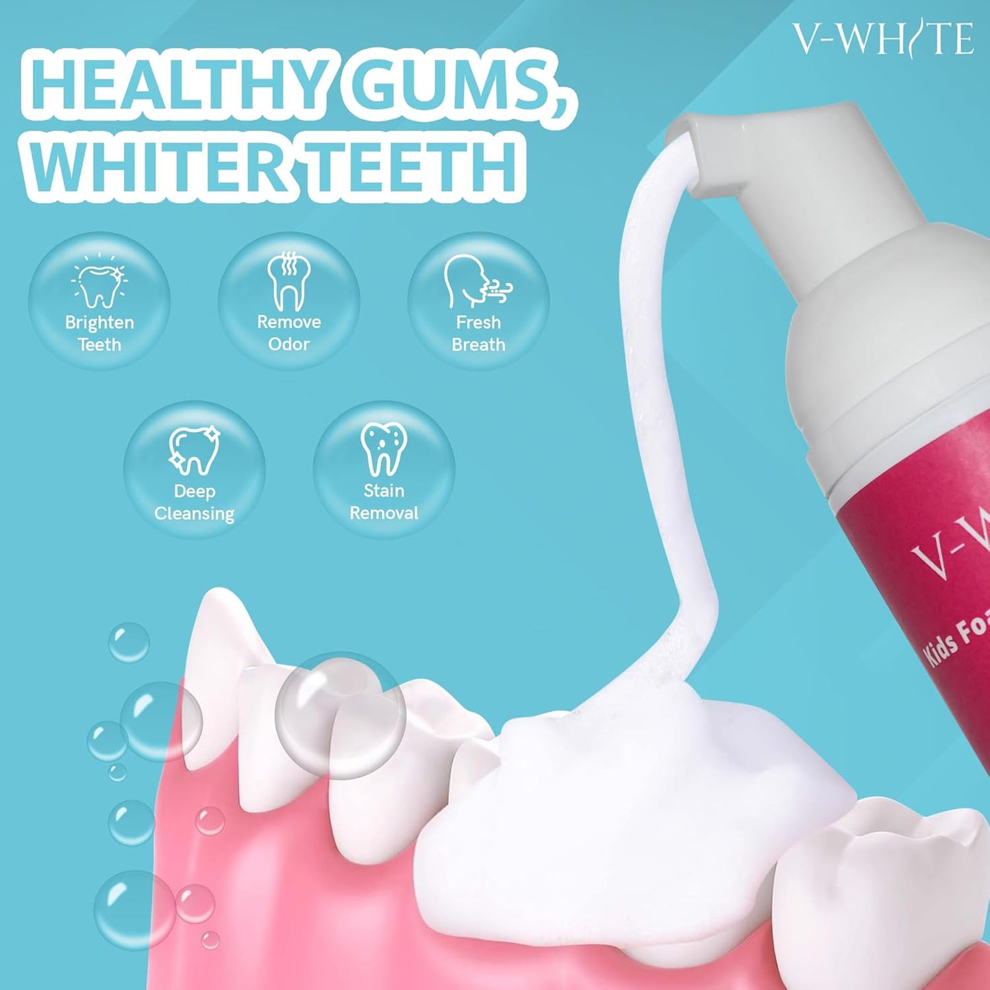 V-White Foam Teeth Whitening Toothpaste - Organic Toothpaste Fluoride Free, Alcohol Free, pH Balanced - Deep Cleansing, Stain Removal, Travel Friendly, for Kids & Adults (Large, Strawberry)