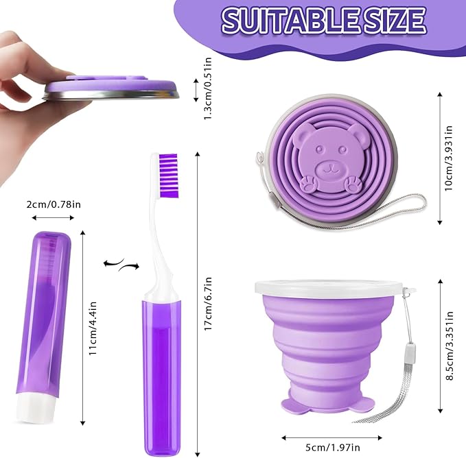 Toothbrush Travel Case, Travel Toothbrush Silicone Collapsible Toothbrush Cup, Travel Toothbrush Set Suitable for Business Camping Travel or Daily Use (Purple)
