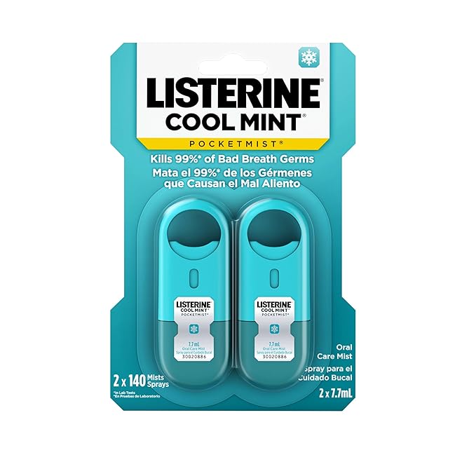 Listerine Cool Mint Pocketmist, Oral Care Mist for Fresh Breath, Non-Aerosol Sugar-Free Bad Breath Refresher Spray to Kill 99% of Bad Breath Germs, Portable, Cool Mint Flavor, 1 Pack of 2 Sprays