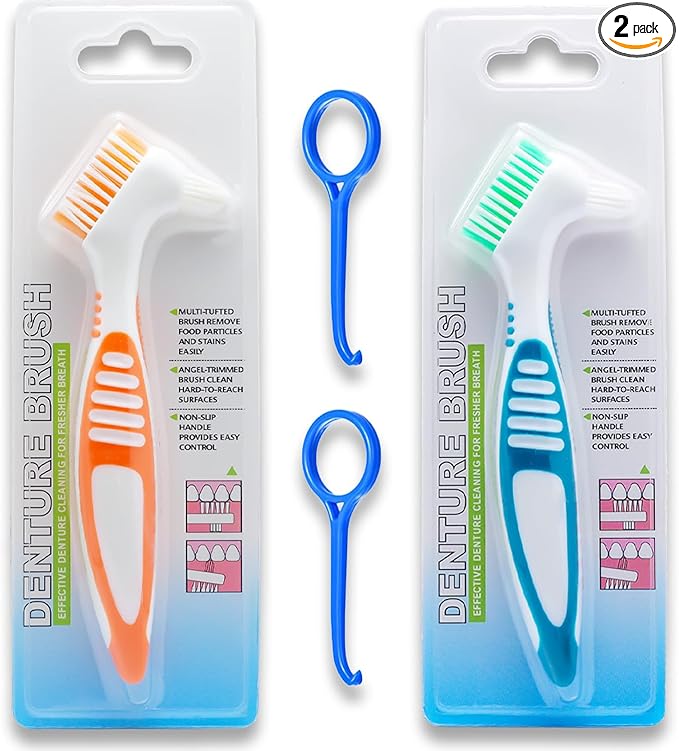 Denture Brush Dual Head Toothbrushes False Teeth Brush Denture Cleaning Kit Toothbrush (Orange Green)