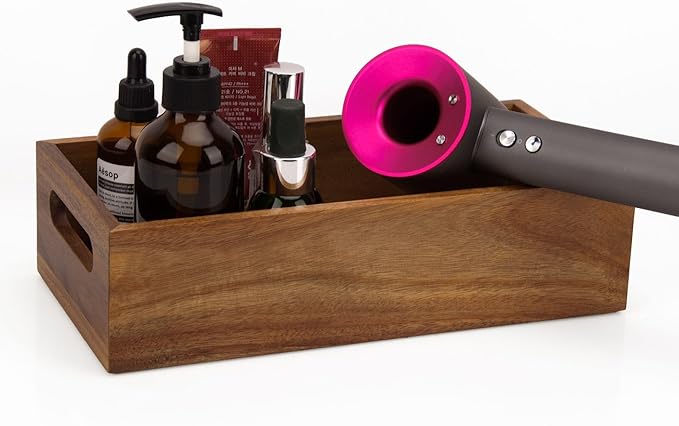 Natural Acacia Hardwood Bathroom Tray with Handles for Organizing Toiletries and Accessories - 12.25L x 6W in on Countertop, Shelf, or Tank Top Storage