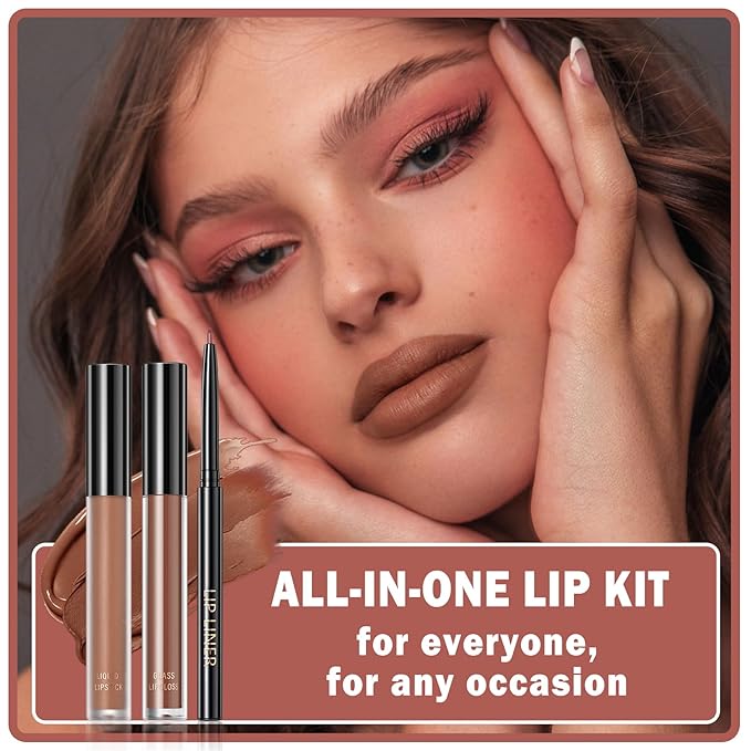 3 in 1 Brown Lip Gloss and Lip Liner Lipstick Set Nude Lip Liner Set Long-lasting Nonstick Cup Lip Kit Moisturizing Lip Set for Women (05# Whiskey Honey)