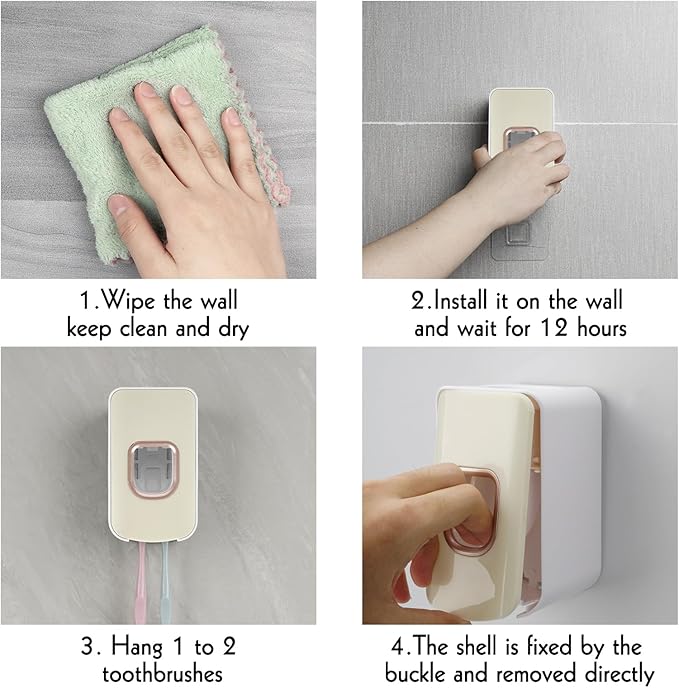 2 Slot Toothbrush Holder and Toothpaste Dispenser Wall Mounted, Automatic Toothpaste Squeezer, 2 in 1 Tooth Brush Toothpaste Organizer for Shower (Ivory Yellow 2Pack)