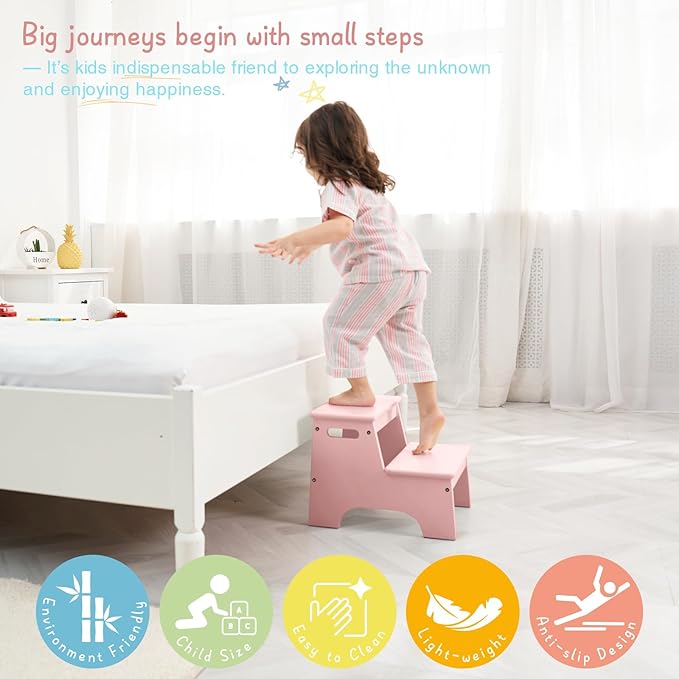 Forbena Pink Girls Toddler Step Stool for Bathroom Sink, Princess Toddler Two Step Stool for Toilet Potty Training, Baby Child Kids Stepping Stool with Handles for Bedroom Classroom Kitchen (Pink)