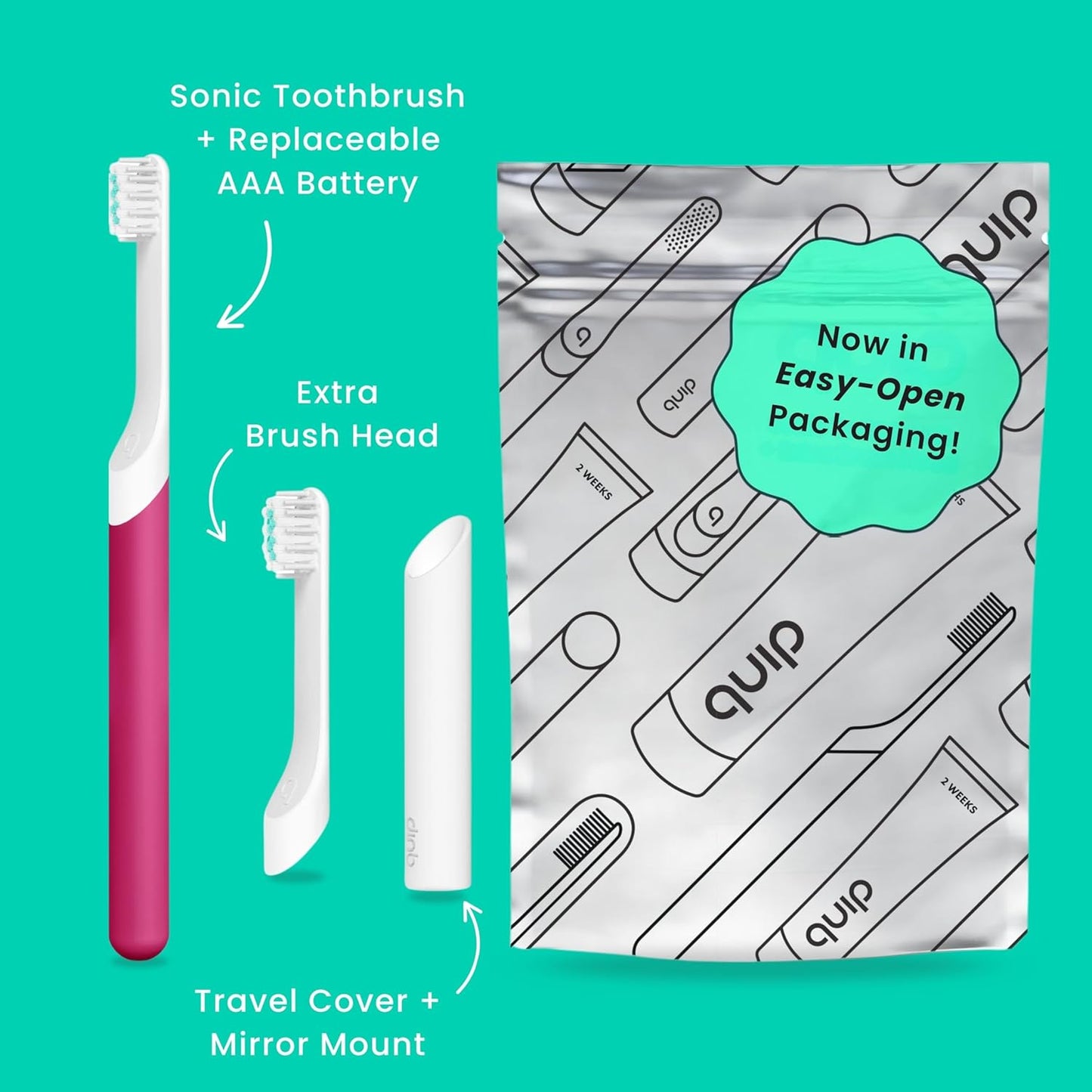 Quip Kids Electric Toothbrush, Battery-Powered Sonic, Wonder Pink, with Extra Brush Head and Travel Cover