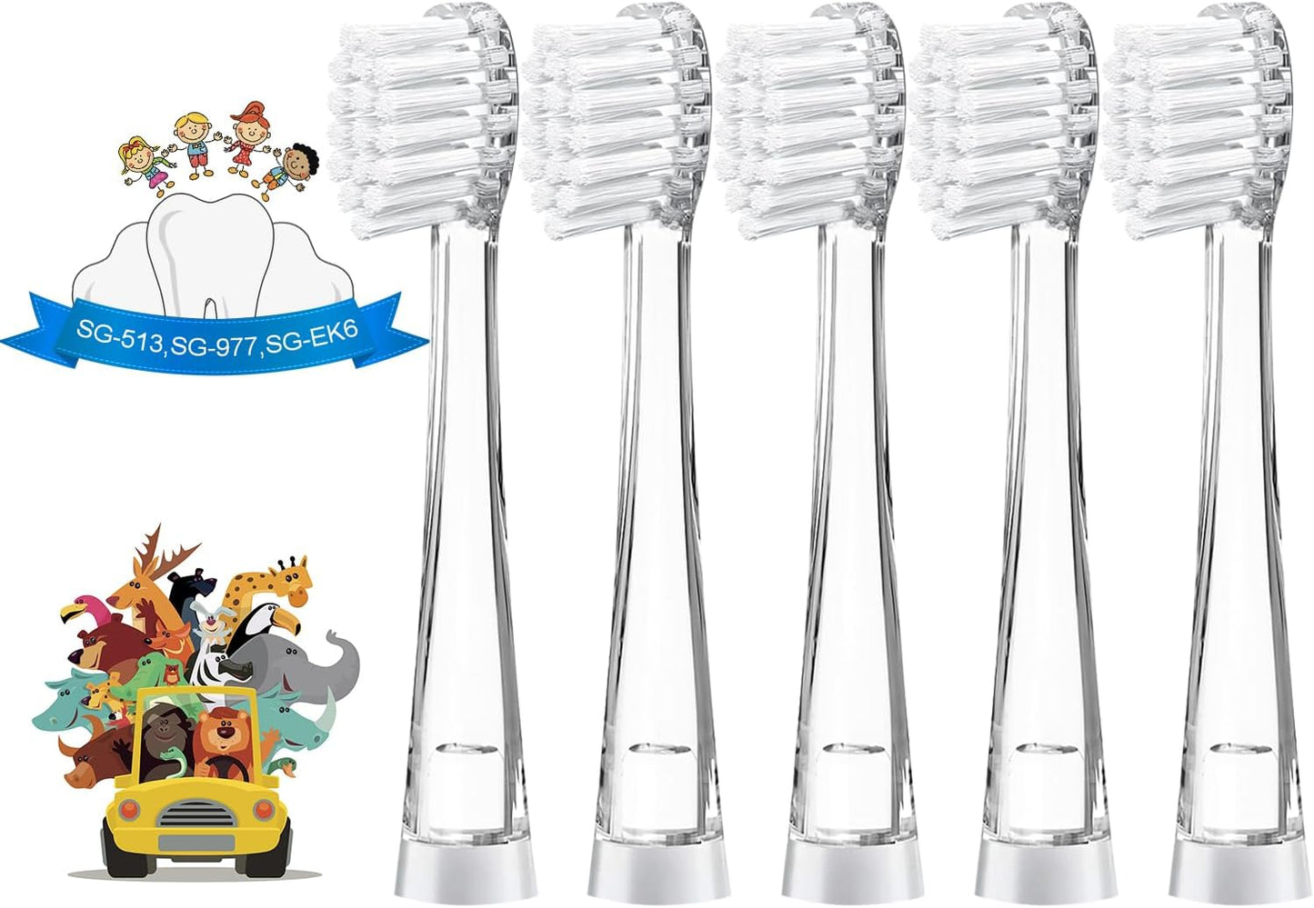 TEETECK 5 Pack Kids Toothbrush Replacement Heads Compatible with SEAGO- 513/977/EK6,Compatible with Brush-Baby WildOnes/KIDZSONIC（Not BabySonic Series）,Compatible with Dada-Tech-BB1/977/K6
