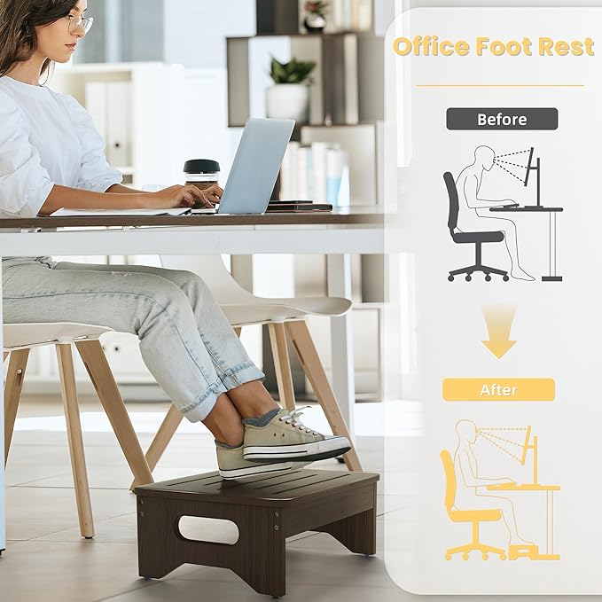 Wooden Step Stool for Adults & Kids, Non-Slip Rubber Feet, 6.5 Inch High, Lightweight Small Step, 400 Lbs Capacity, Bed Step Stool for High Bed, Bathroom & Kitchen, Walnut