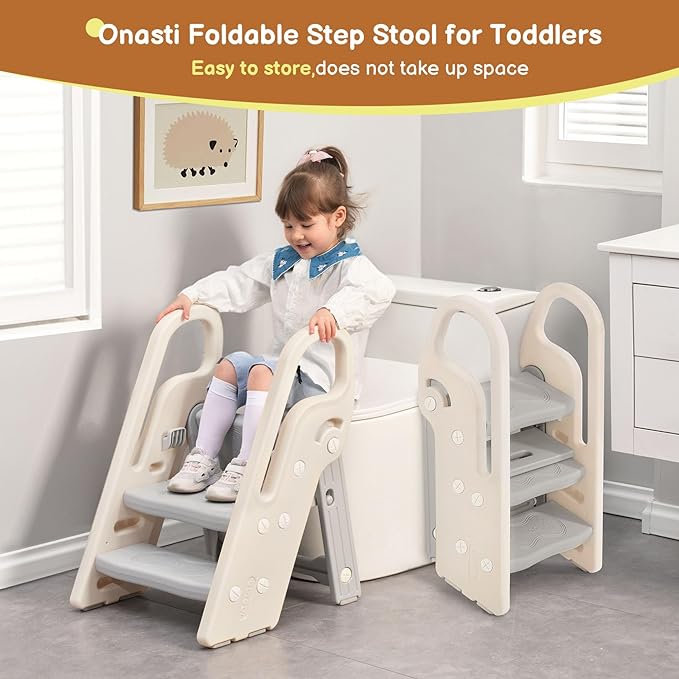 Onasti Foldable Step Stool for Bathroom Sink, Adjustable 3 Step Stool for Kids Toilet Potty Training Stool with Handles, Child Kitchen Counter Stool Helper, Plastic Ladder for Toddlers Grey