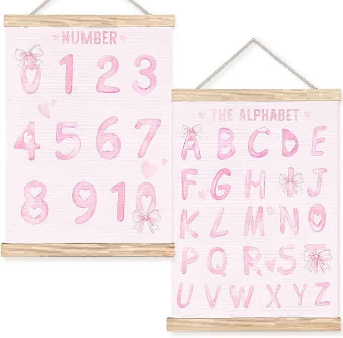 Pink Numbers 0-10 Alphabet Baby Learning Poster Wall Art Decor, Girl Nursery Decor, Coquette Pink Bow Learning Wall Decor Posters for Toddler Baby Girls Kids Room Playroom Homeschool, 12x16 Inch Set of 2