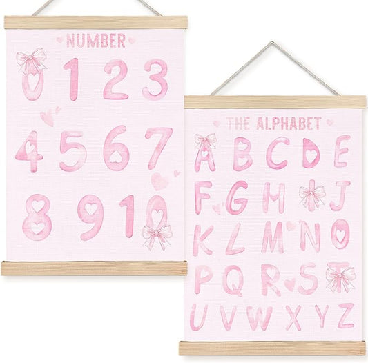 Pink Numbers 0-10 Alphabet Baby Learning Poster Wall Art Decor, Girl Nursery Decor, Coquette Pink Bow Learning Wall Decor Posters for Toddler Baby Girls Kids Room Playroom Homeschool, 12x16 Inch Set of 2
