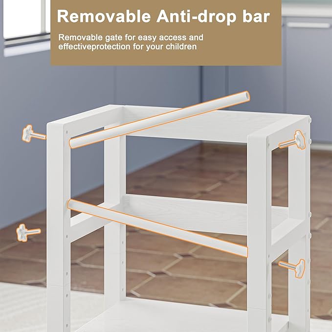 Kitchen Step Stool for Toddlers, [Thicker Tube Upgraded] Anti-Tip Toddler Tower with Safety Rail, Height Adjustable Helper for Kids, Learning Tower, Kids' Desk White Bigger