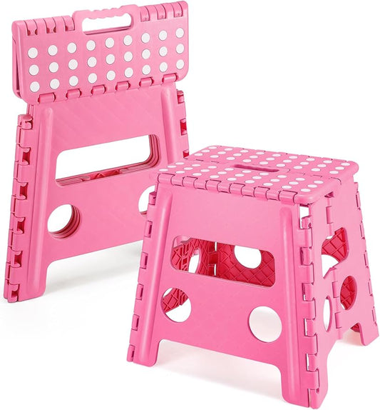 Dyforce Non-Slip Folding Step Stool - 13 inch Height Heavy Duty Foldable Stool for Adults Kids, Plastic Step Stool Camping Stepping Stool - Pink