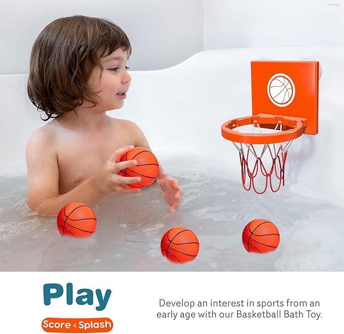 Bath Toys - Bathtub Basketball Hoop for Kids, Toddlers - Suction Cup Basketball Hoop and 4 Soft and No Hole Balls - Baby & Toddler Mini Basketball Hoop - Boys & Girls