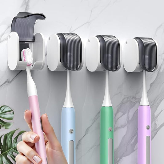 4 Pcs Toothbrush Holders Wall Mounted, Single Slot Design, Shower Self Adhesive Wall Mounted Toothbrush Holder with Cover, Waterproof and Dustproof, Suitable for Bathroom, Family, Travel (Grey)