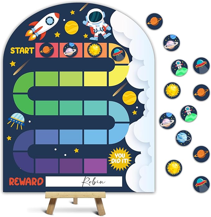 Space Theme Wooden Reward Chart, Behavior Reward Charts, Incentive Responsibility Chart for Girls Kids Toddlers Chore Homework Good Habits Assignments Attendance, 10